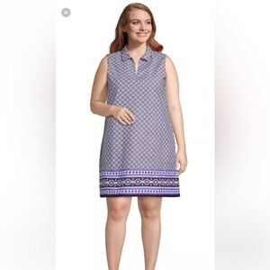 Land's end women's cotton poplin sleeveless split neck dress blue size M